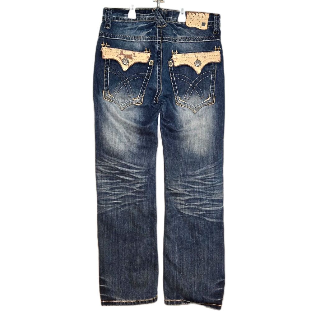 Kanji USA Ostrich Trim Distressed Straight Leg Jeans | Men's Size 32x32 | Blue